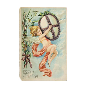 Antique Postcard Angel Cherub Victorian Easter Egg Flowers Vintage Germany 1900s